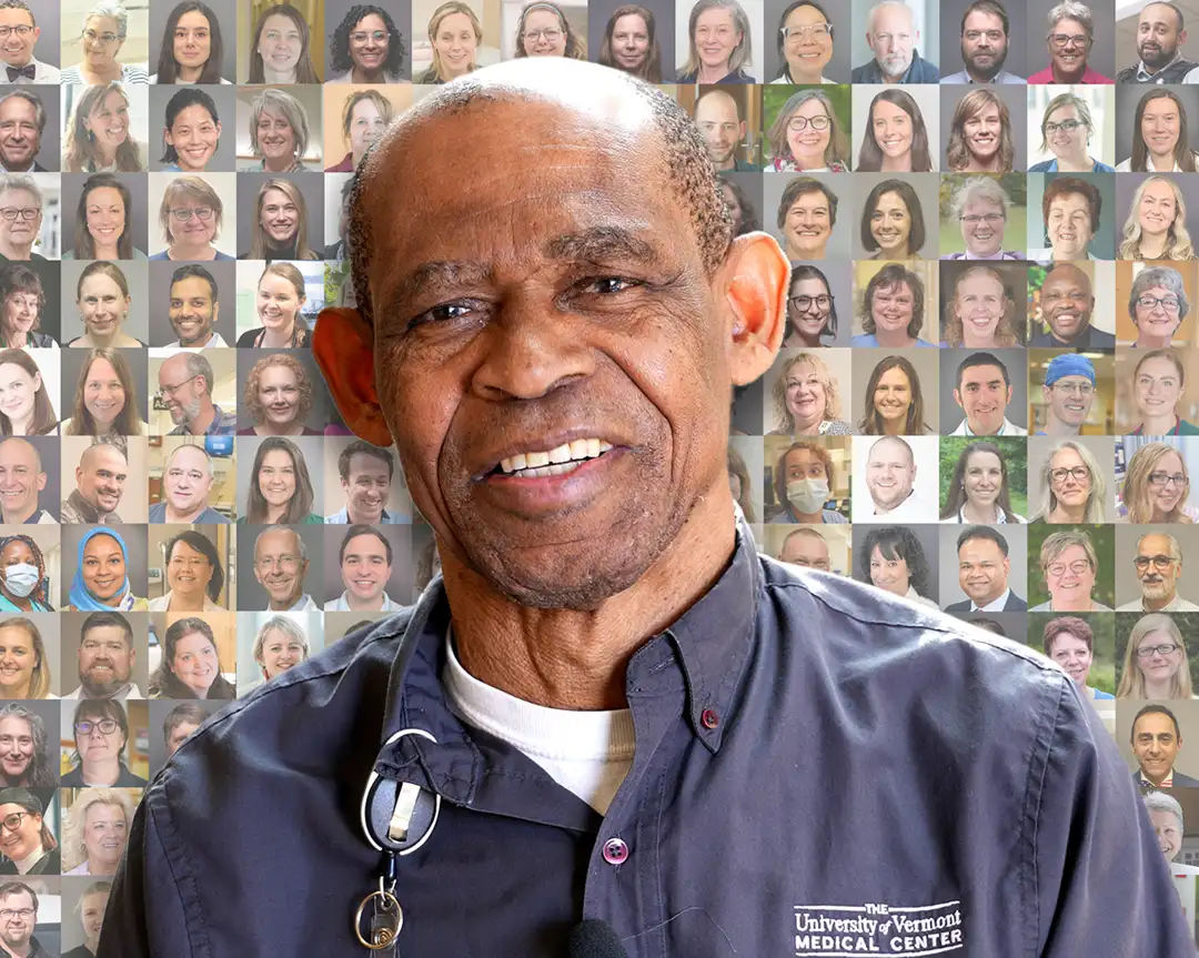 Photo of UVM Health employee, Francisco Herrera, superimposed over grid of other peoples faces